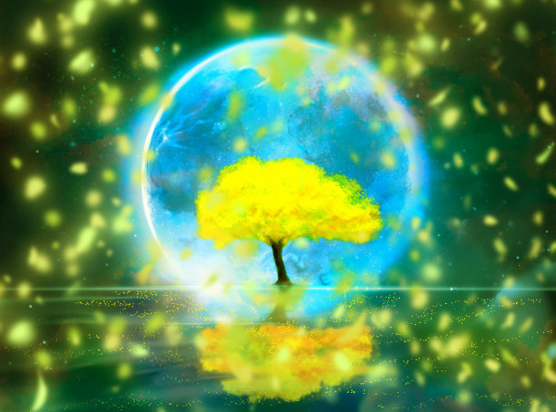 一棵黄色的含羞草树从海上升起，背景是含羞草雪花在夜空中飞舞图片下载