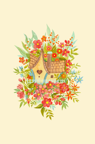 原创水彩艺术，红橙色的漂亮可爱的房子，春夏组合图片下载