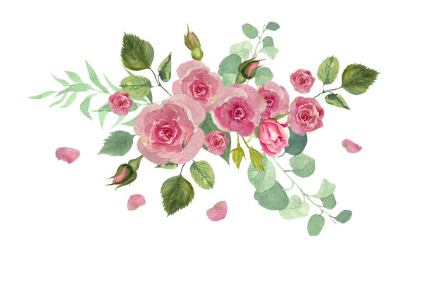 水彩粉花玫瑰花构图手工创作艺术绘画图片下载