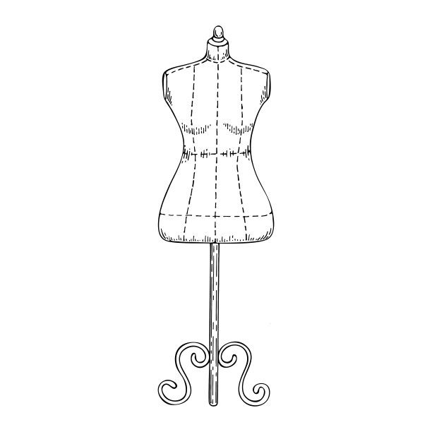 裁缝人体模型线艺术。裁剪配件切割。老式缝纫工具。裁缝的职业。手绘矢量涂鸦插图。图片下载