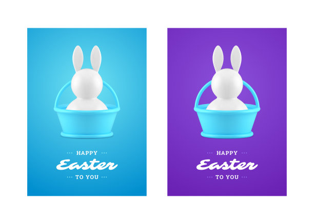 快乐复活节兔子在礼品篮3d贺卡集设计模板逼真矢量图片下载