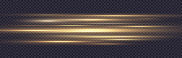 黄色水平镜头照明弹包。激光束，水平光线。美丽的闪光。黑色背景上发光的条纹。图片下载