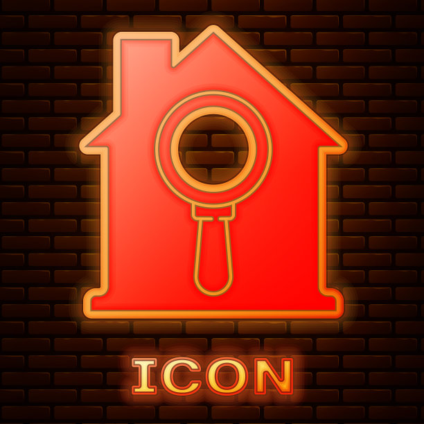 发光的霓虹灯搜索房子的图标孤立在砖上图片下载