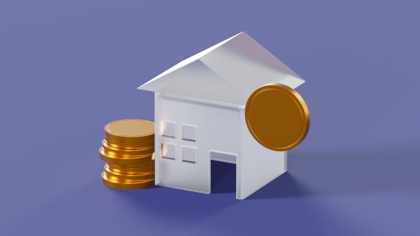 房子图标在孤立的蓝色背景与玻璃元素和金币插图购买房地产的主题3d渲染图片下载