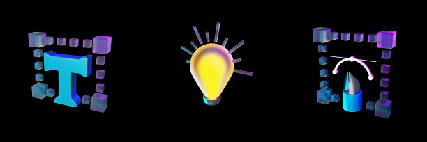 文字，灯泡和矢量笔图标设置在黑色背景插图上的主题图形设计开发3d渲染图片下载