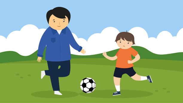 父子俩在公园里踢足球。图片下载