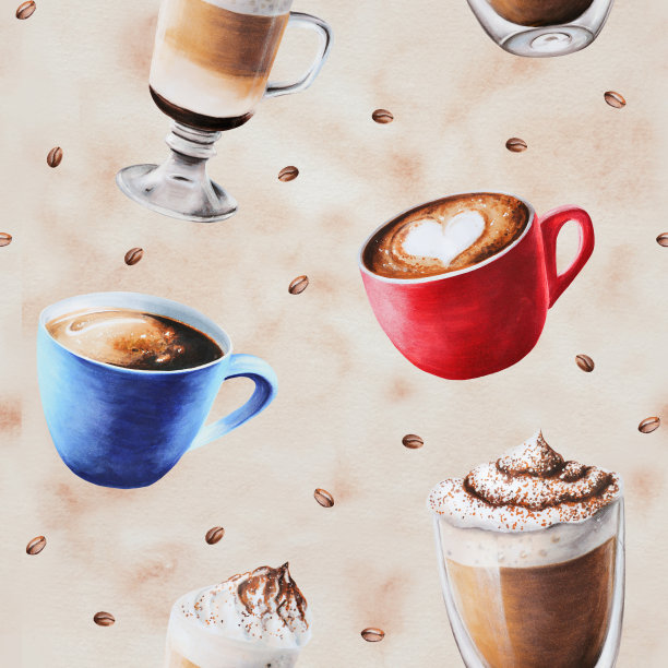 水彩无缝模式与咖啡制作工具。拿铁，浓缩咖啡，美式咖啡。手绘在孤立的背景。为设计师，菜单，商店，酒吧，小酒馆，餐厅，明信片，包装纸，封面。海报及纺织品图片下载