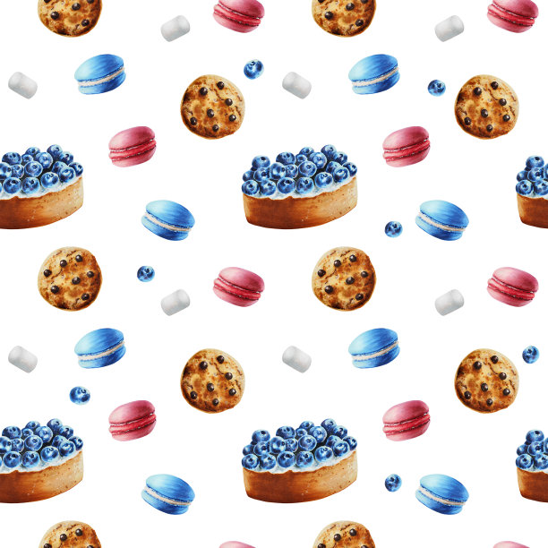 水彩无缝图案与饼干，蛋白酥，棉花糖，蓝莓馅饼，蛋白杏仁饼。手绘甜美的白色孤立的背景。为设计师，菜单，商店，酒吧，小酒馆，餐厅，明信片，包装纸，封面。海报图片下载