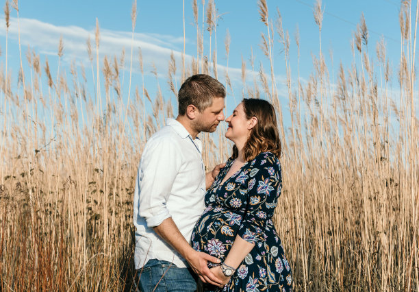 一对年轻漂亮的夫妇要生孩子了。户外照片，快乐的父母在田野亲吻。图片下载