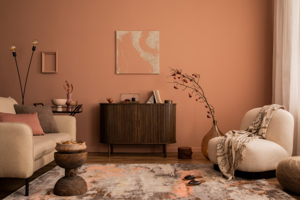 室内设计舒适的客厅与模拟海报框架，木制马桶，米色沙发，现代扶手椅，地毯，枕头，木支架，泡，黑灯和个人配件。家居装饰。模板。图片下载