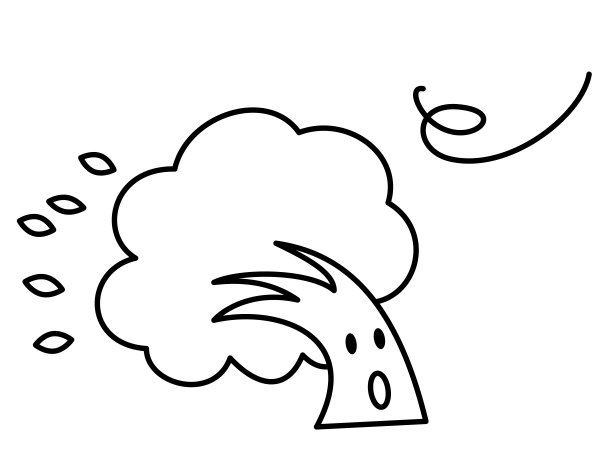 被强风吹起的树。黑白线条画。图片下载