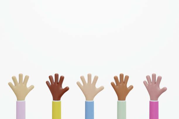 漫画手，不同肤色的概念一起工作。三维演示图片下载