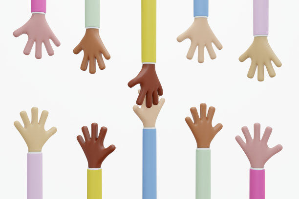 漫画手，不同肤色的概念一起工作。三维演示图片下载