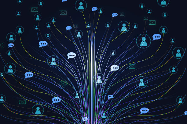 个人数据和人的连接概念与数字图形亚麻树与用户和语音气泡符号在抽象的黑色背景上。三维渲染图片下载
