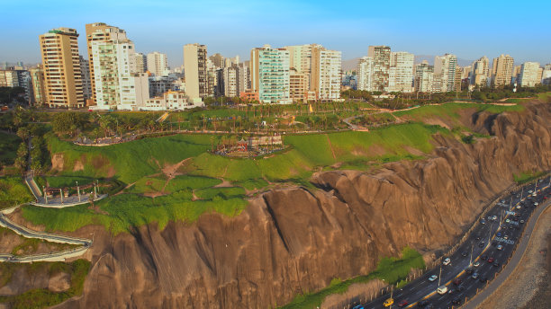 秘鲁利马米拉弗洛雷斯区木板路中国公园全景鸟瞰图。图片下载