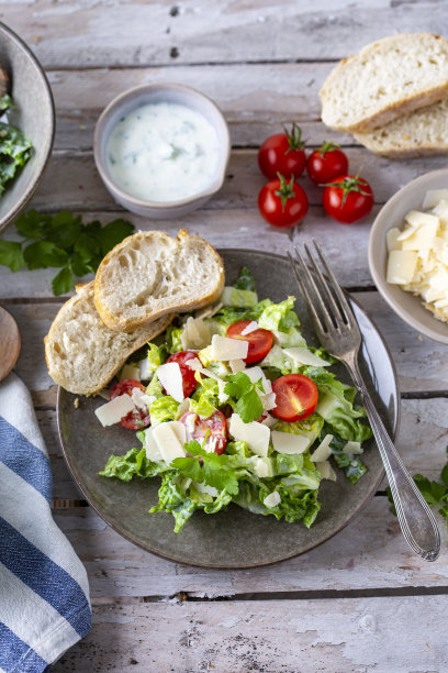 蔬菜沙拉配番茄，面包和帕尔玛干酪图片下载