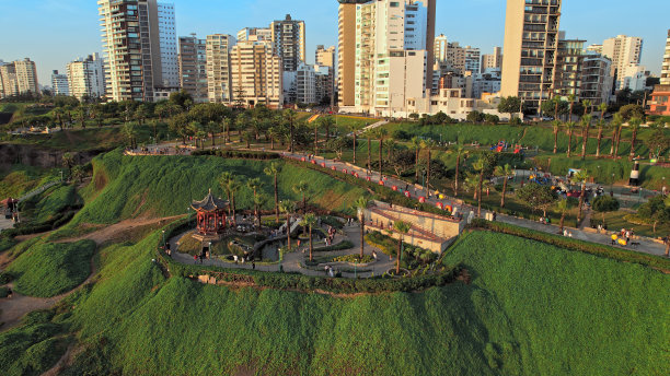 秘鲁利马米拉弗洛雷斯区木板路中国公园全景鸟瞰图。图片下载