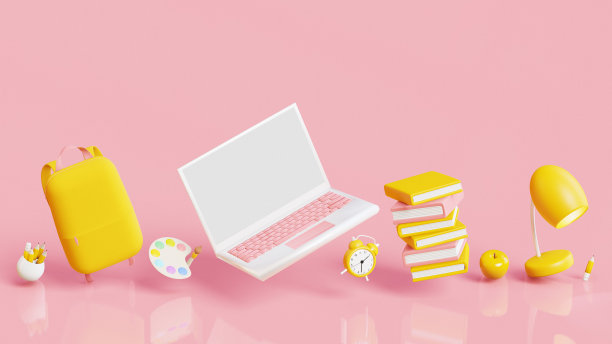 学校供应图标。书包、笔记本电脑、模拟时钟、书、苹果、台灯、铅笔、画笔和调色板。三维渲染图片下载