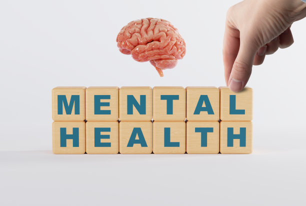 手触摸大脑背景上刻有“心理健康”字样的木块。图片下载