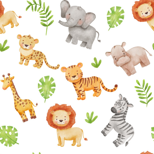 野生动物的幼稚无缝图案。可爱的大象，老虎和长颈鹿的卡通风格。水彩非洲婴儿野生动物和树叶在白色的背景。图片下载