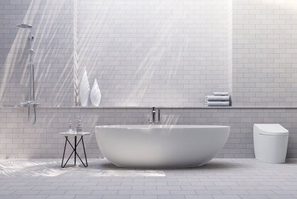 现代风格的浴室与白砖图案瓷砖墙3d渲染图片下载
