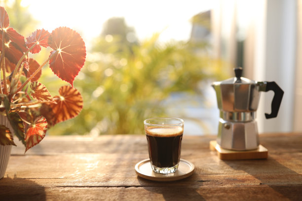 咖啡杯，笔记本，摩卡壶和秋海棠图片下载