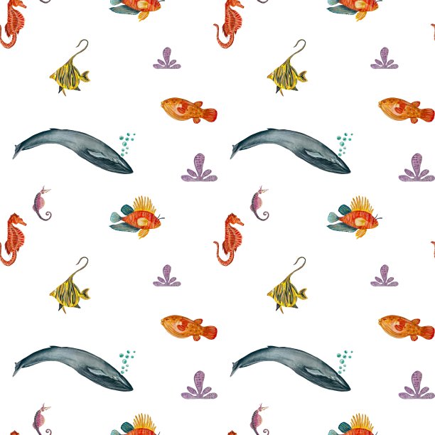 鱼、鲸、海马、海洋图案水彩画图片下载