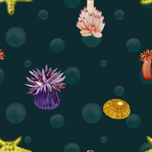 水植物贝壳海海洋图案水彩画图片下载