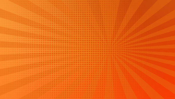 明亮的橙色和红色太阳射线背景与半色调点。漫画或卡通概念背景，留白设计。橙色背景与辐射线在波普艺术风格。图片下载