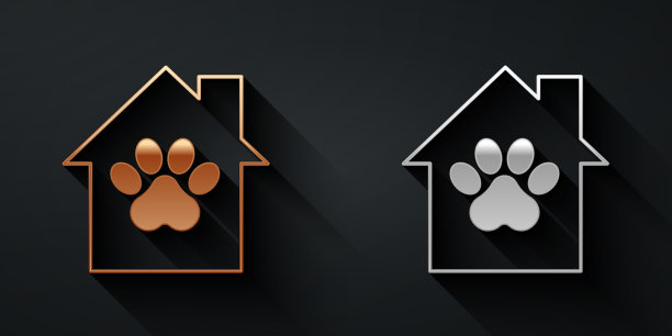 金色和银色的宠物屋图标隔离在黑色上图片下载