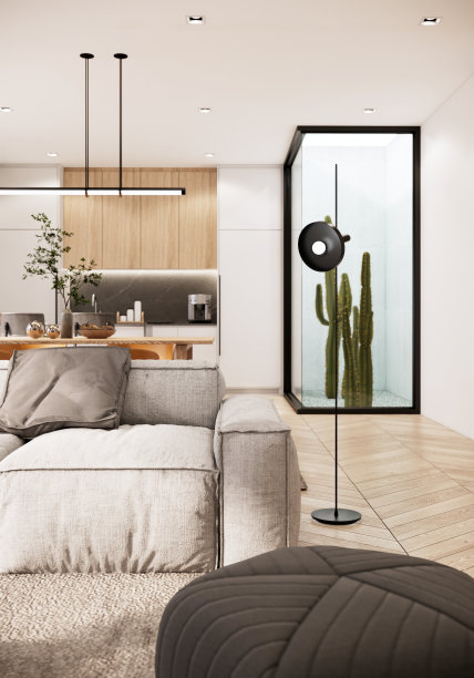 三维渲染模拟现代室内空间设计，白色墙壁，家具布艺沙发和仙人掌区。垂直的图像图片下载