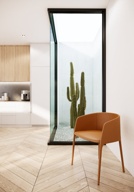 房间内部设计有黄色椅子和仙人掌区。3 d渲染。图片下载