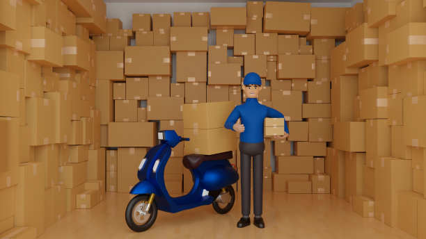 送货员带着滑板车和大智能手机在仓库里，移动应用快速送货订单，3D渲染。图片下载