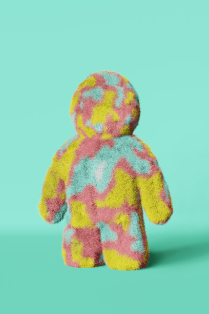 可爱的毛绒彩虹雪人3d渲染毛茸茸的卡通人物蓝绿色背景无脸彩色毛绒绒的大脚。图片下载