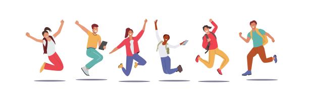 一套快乐的学生人物与背包和教科书跳跃。图片下载