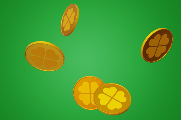 帕特里克。孤零零的背景上有三叶草图案的金币。三维渲染图片下载