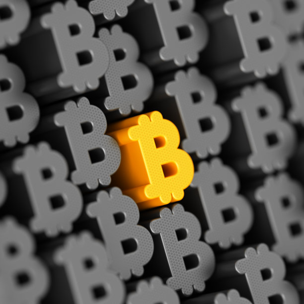 从人群中脱颖而出。黄色唯一比特币标志。利润和金钱。金融和商业3d插图。图片下载