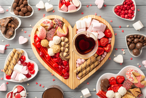 情人节的概念。顶部视图照片木制心形托盘与糖果盘果冻巧克力糖果饼干玻璃杯饮料和彩色纸屑在灰色木桌背景图片下载