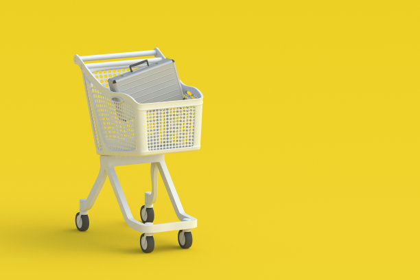 金属手提箱在市场推车。副本的空间。三维渲染图片下载