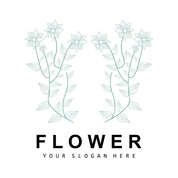 简单的植物叶子和花标志，矢量自然线条风格，装饰设计，横幅，传单，婚礼邀请，和产品品牌图片下载
