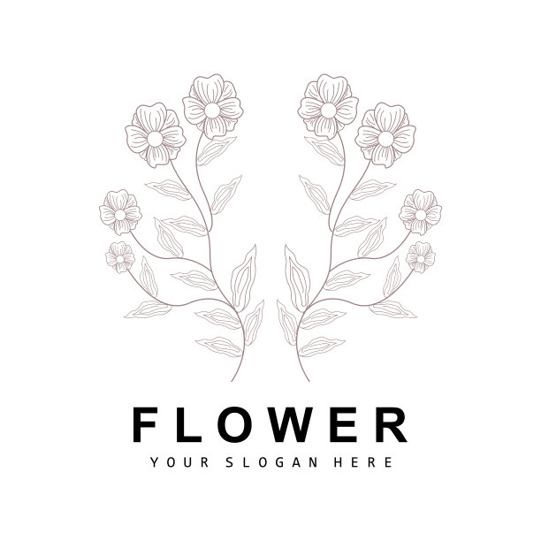 简单的植物叶子和花标志，矢量自然线条风格，装饰设计，横幅，传单，婚礼邀请，和产品品牌图片下载