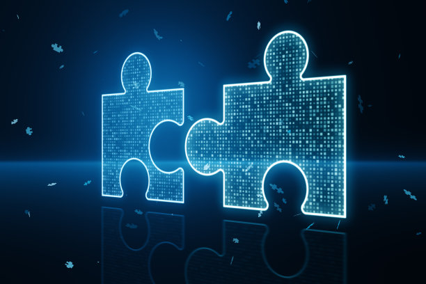 发光的数字蓝色拼图全息图在黑暗模糊的背景。数字化解决方案，成功协作，伙伴合作，实现融合，匹配理念。3 d渲染。图片下载