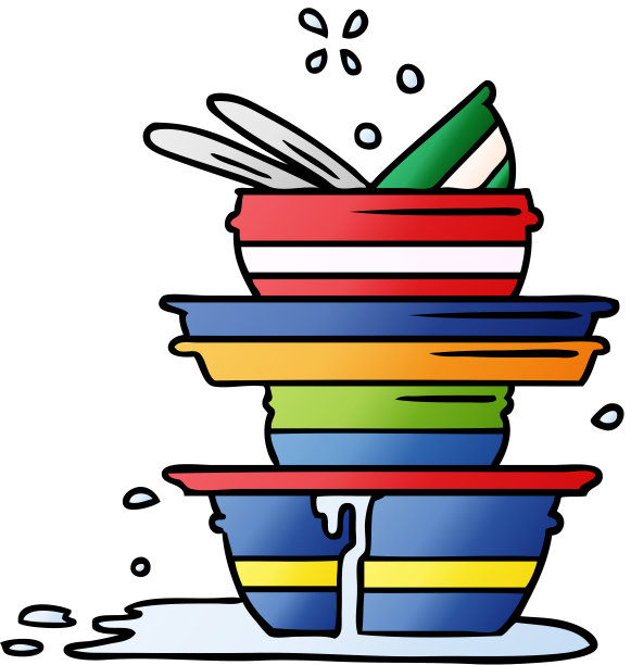 手绘渐变卡通涂鸦的一堆脏盘子图片下载