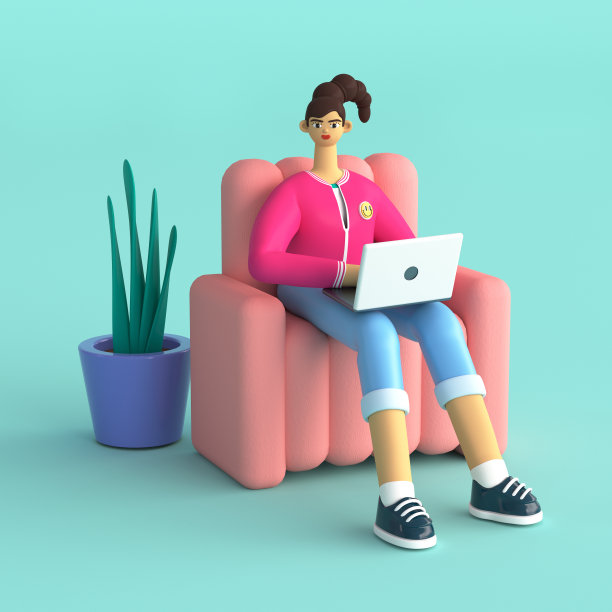 有创意的女人坐在家里用笔记本电脑工作的3D插图。在线教育，远程工作，市场营销，博客和社交媒体概念。在彩色背景上渲染图像。图片下载