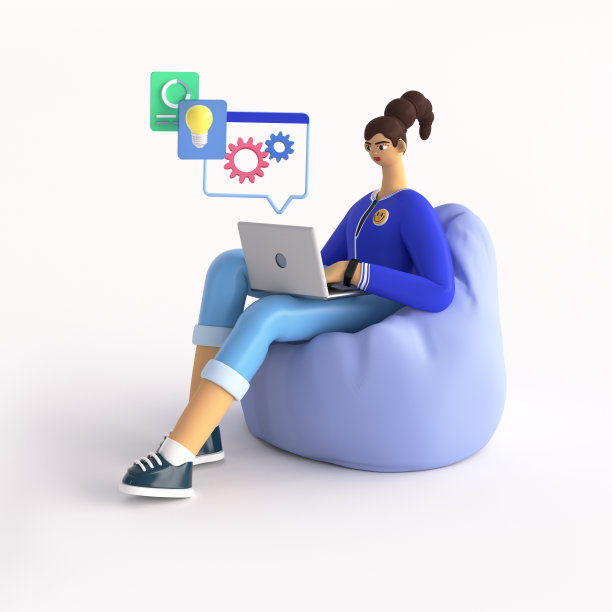 有创意的女人坐着为商业创造想法的3D抽象插图。在线教育，远程工作，市场营销，博客和社交媒体概念。渲染图像在白色背景。图片下载