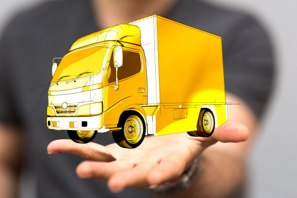 一个商人手掌上的卡车全息图的3D渲染图片下载