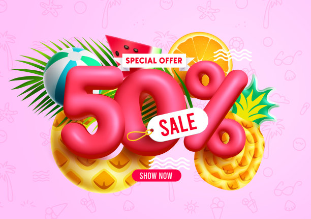 夏季销售矢量设计。夏季销售与50%的3d折扣文字与海滩元素。图片下载