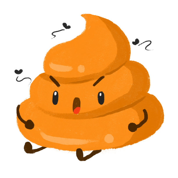 卡通可爱的愤怒的便便坐下来姿势与苍蝇飞来飞去的人物矢量插图图片下载