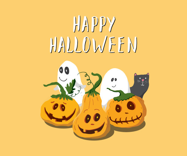 万圣节贺卡。可爱的南瓜和鬼魂，派对邀请或节日横幅设计，矢量插图图片下载