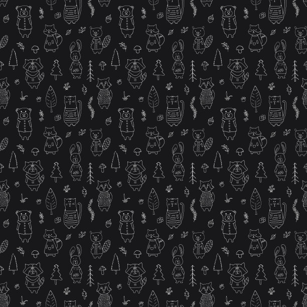 可爱的动物无缝图案。森林背景中的卡通动物。矢量图图片下载